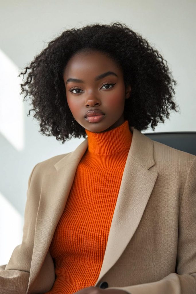 Bright orange sweater under beige suit