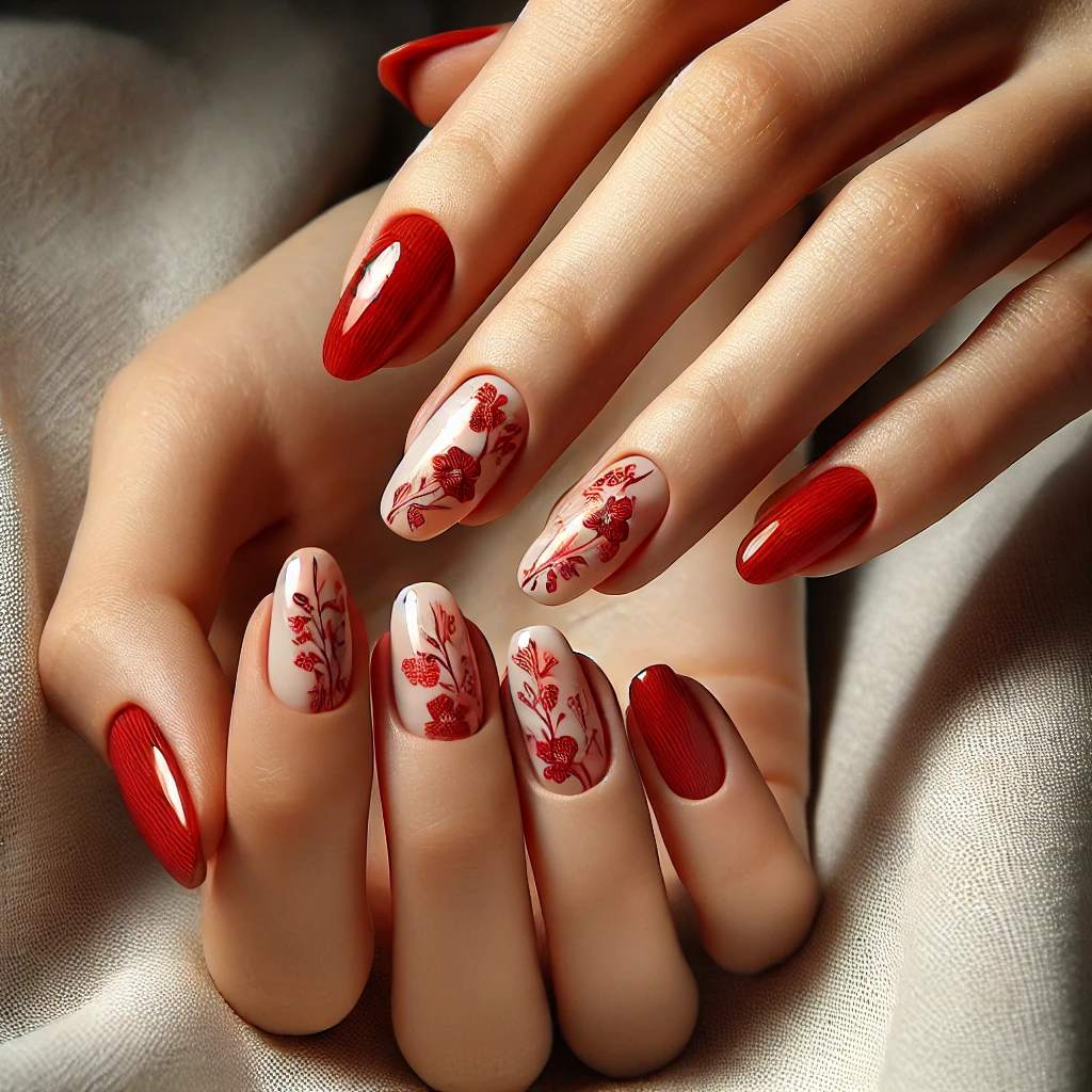 Floral Red Nails