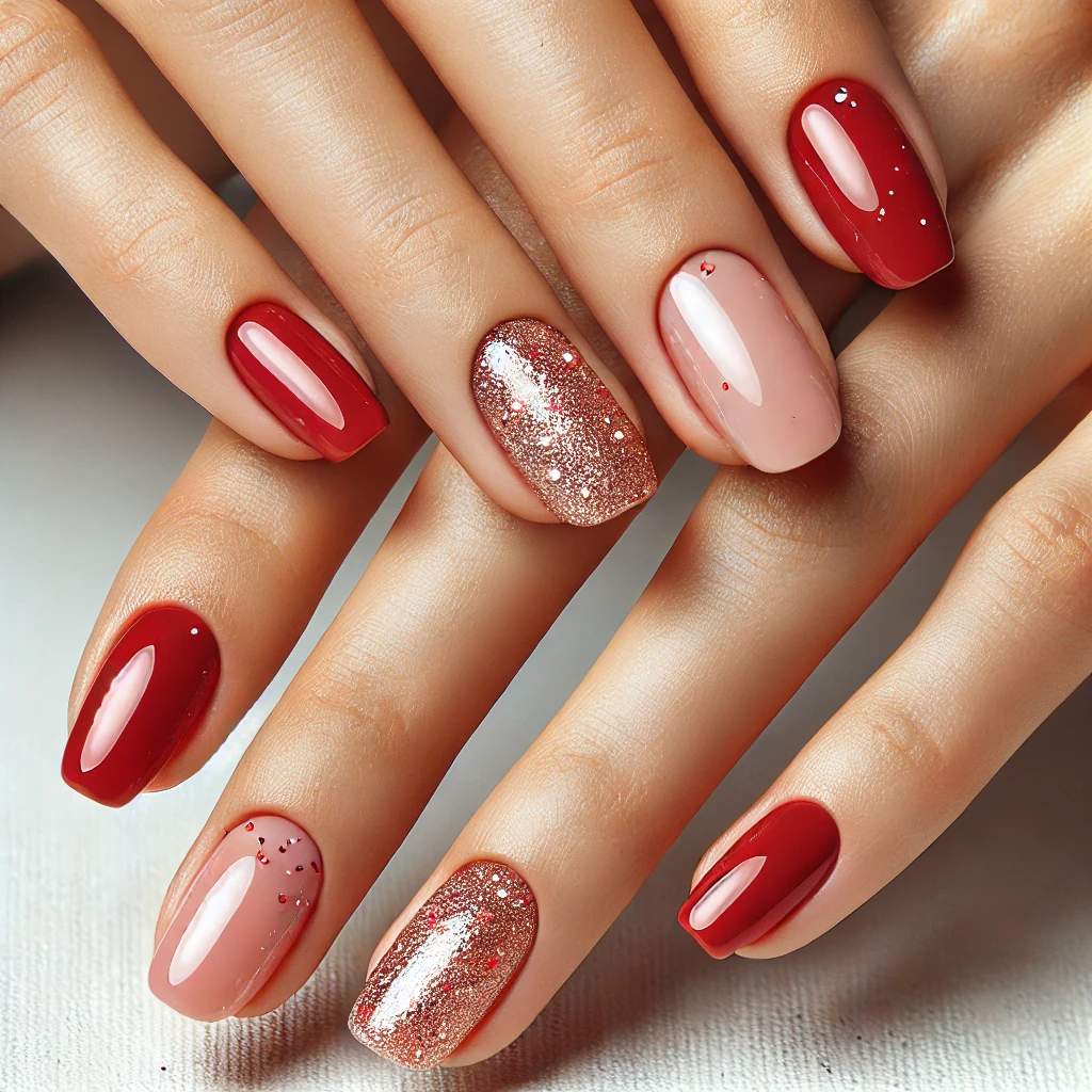 Glitter-Accented Red Nails