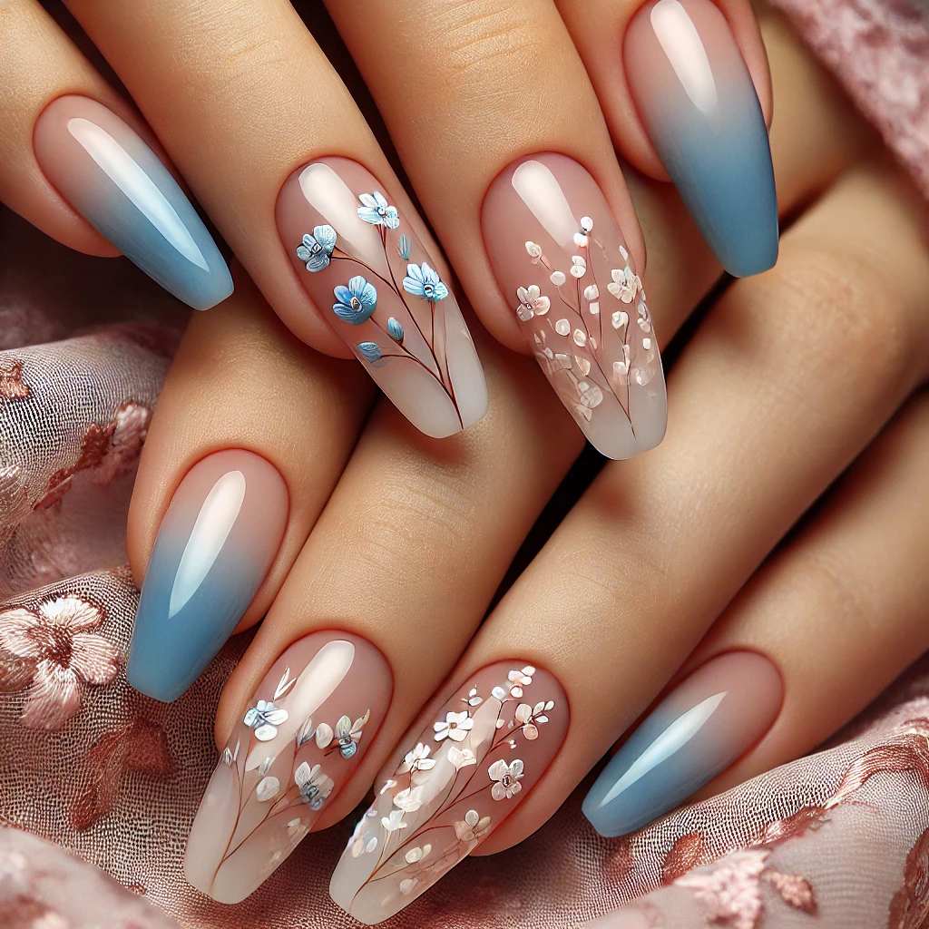 Glossy Blue Ombre with Floral Detailing