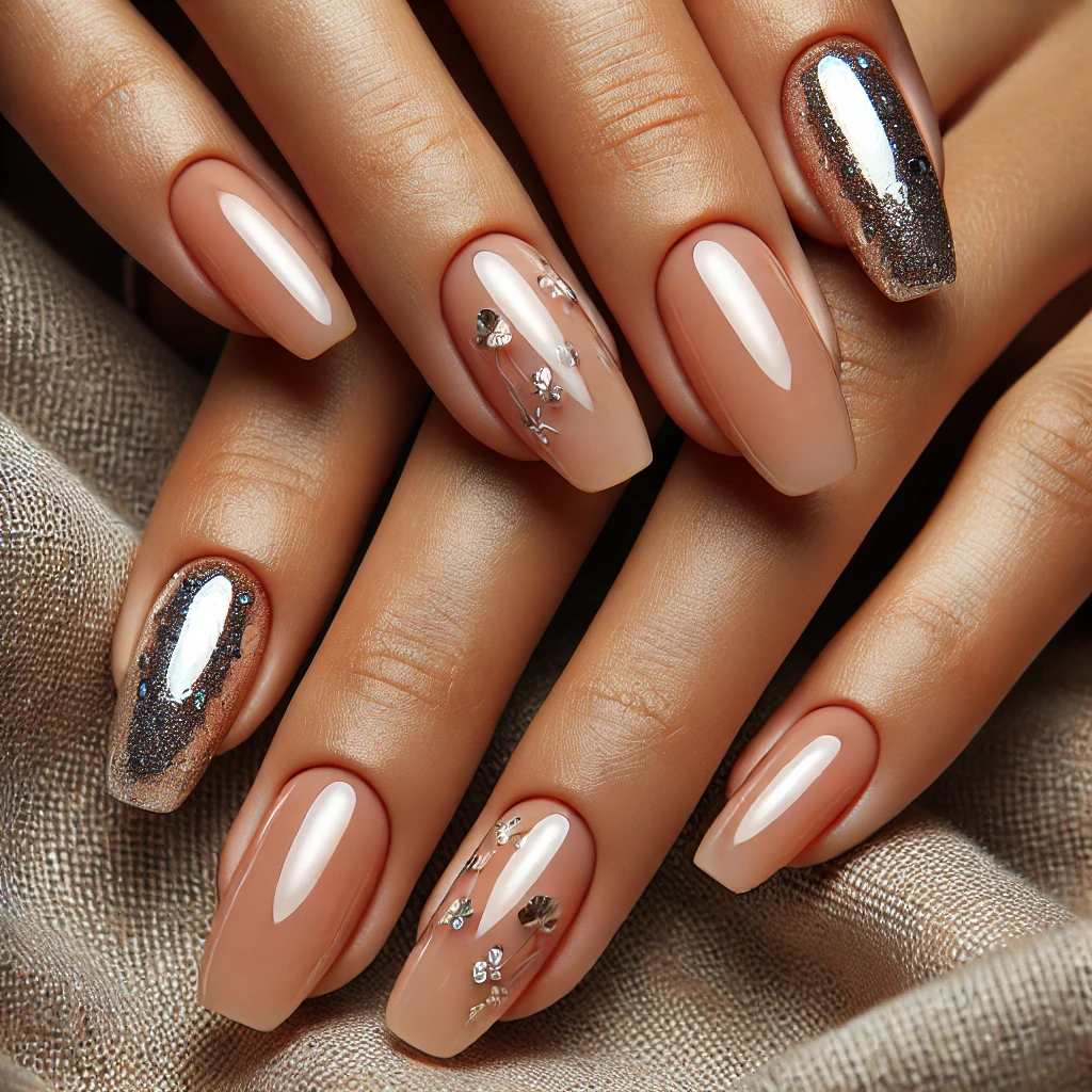 Glossy Translucent Nails with Silver Foil