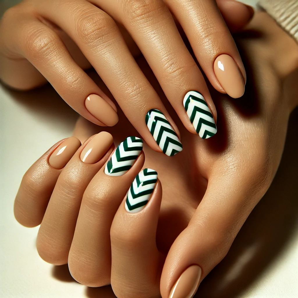 Green and White Chevron Nails