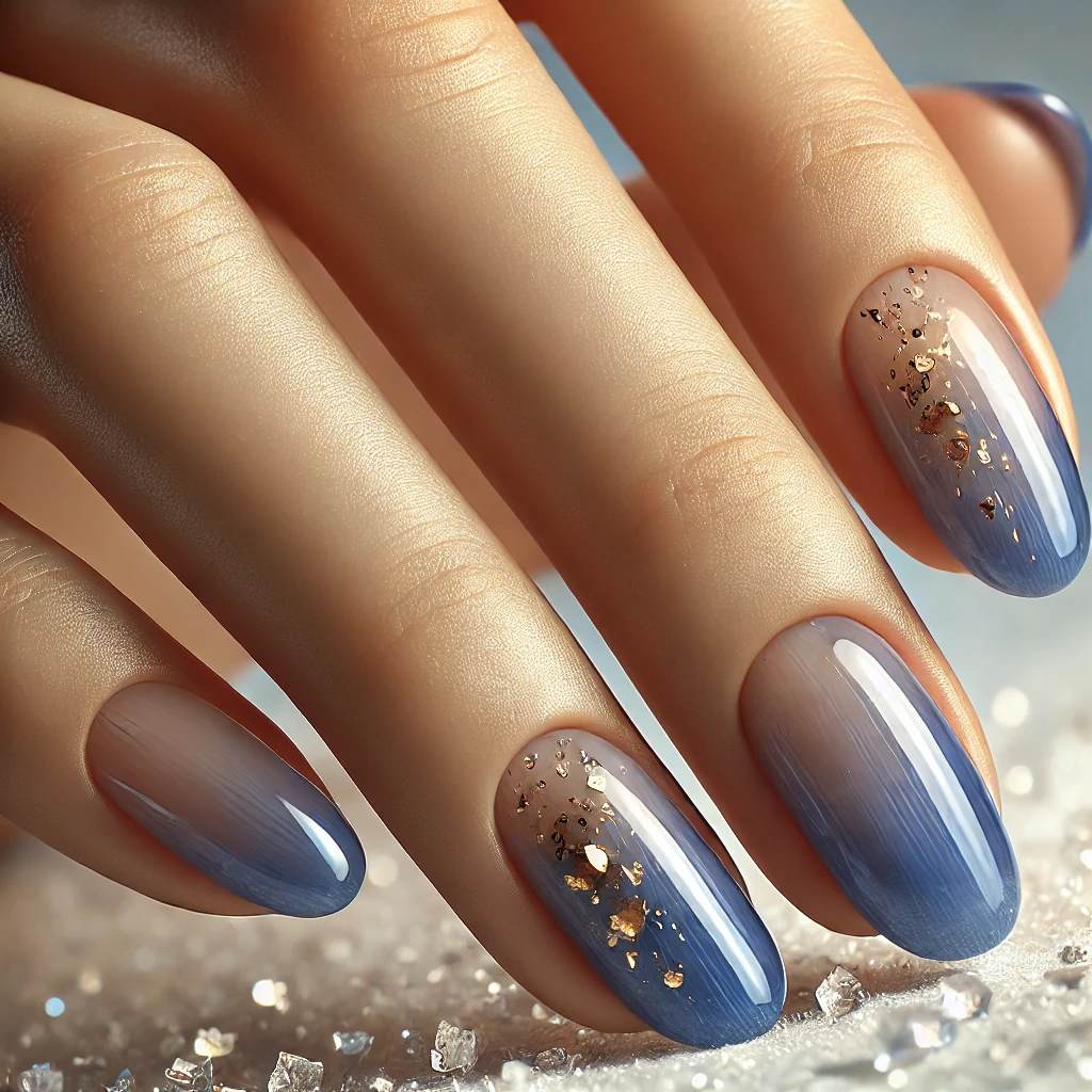 Indigo Blue Translucent Nails with Gold Flakes