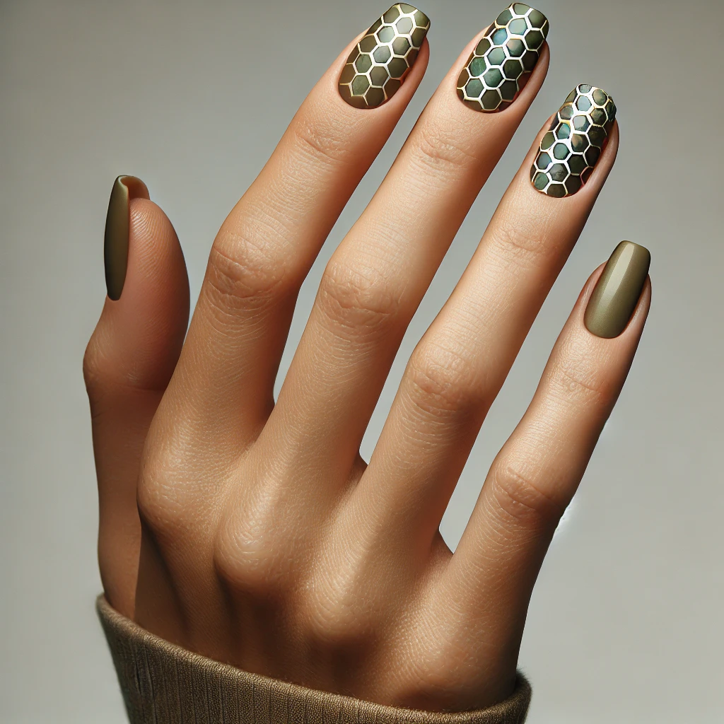 Silver Foil Honeycomb Designs on Olive Green