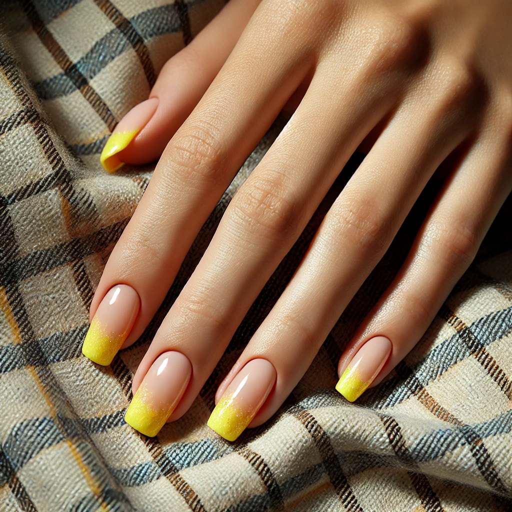 Yellow French Tips with Sparkles