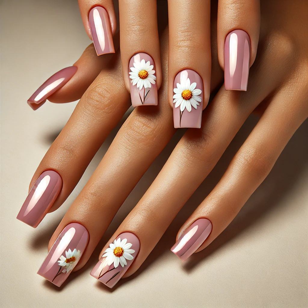 Baby Pink Chrome with Daisy Details