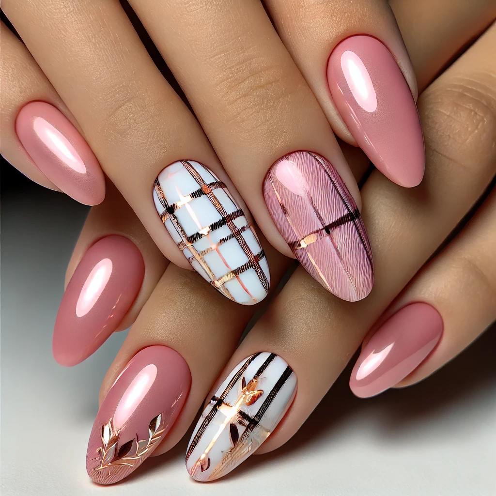 Baby Pink Chrome with White and Gold Plaid