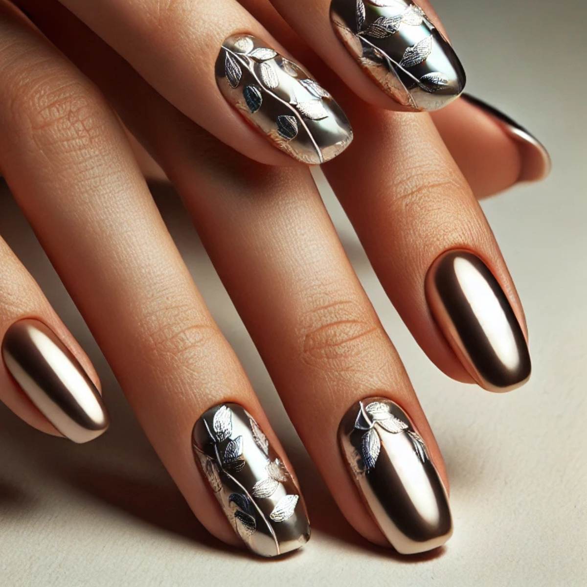 Beautiful Foil Leaf Chrome Nails