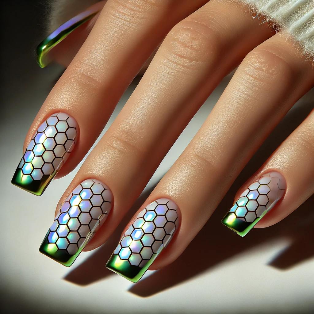 Beautiful Honeycomb French Tip Art on Chrome Base