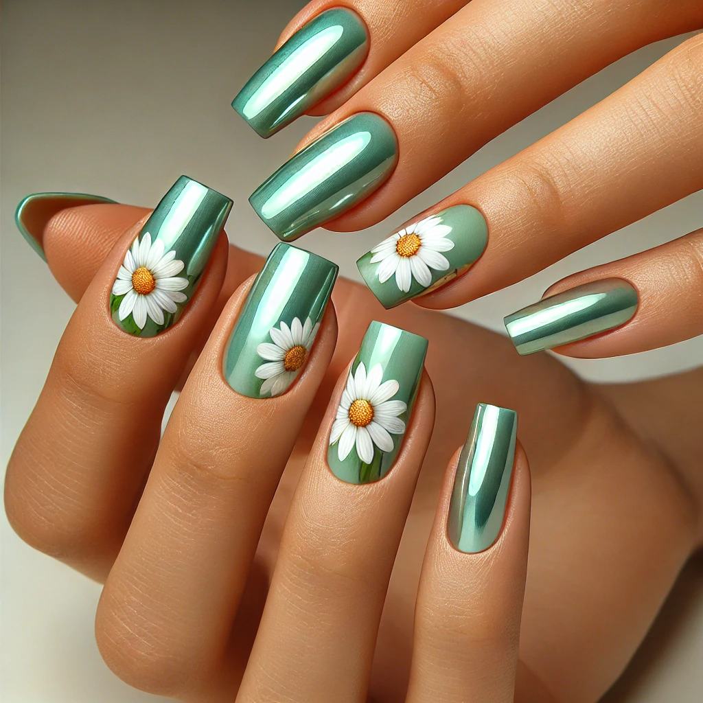 Beautiful Pastel Green Chrome with Delicate White Daisies