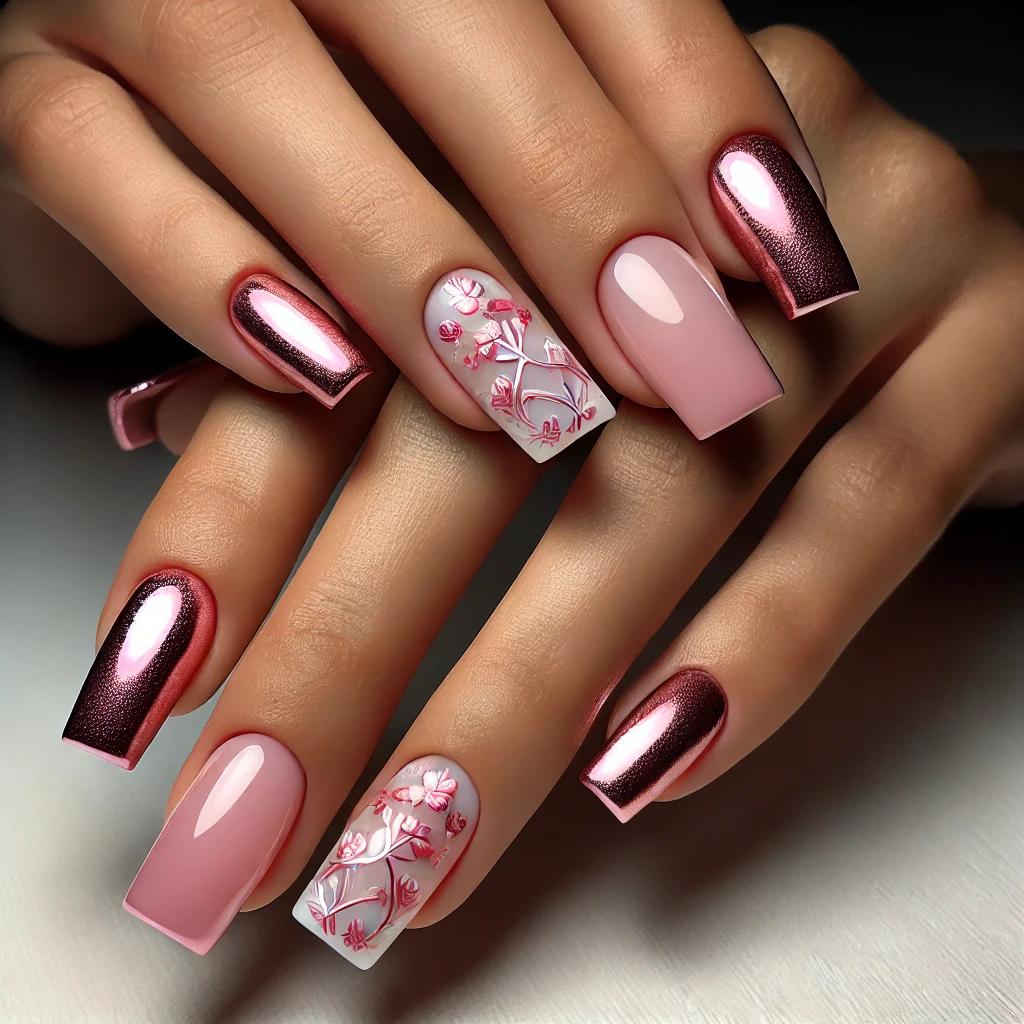 Beautiful Pink Chrome Ombre with Tiny Blossoms