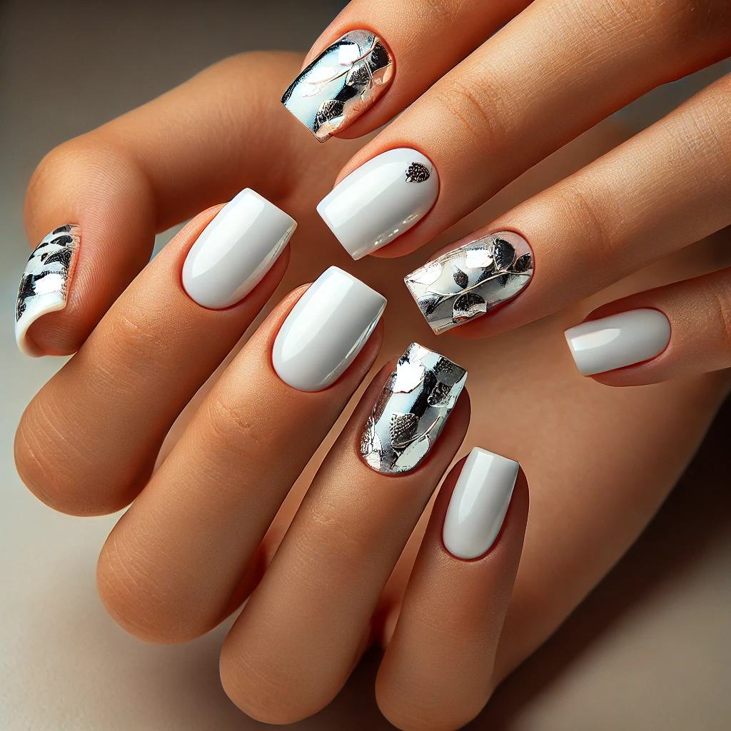 Beautiful White Chrome Nails with Silver Foil Leaves