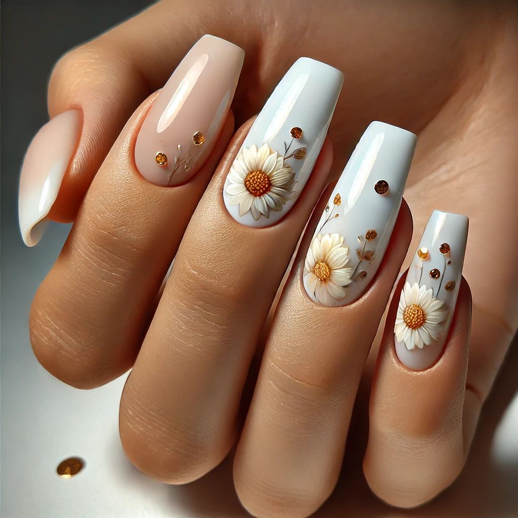 Beige Sunflower Nails with Gold Foil