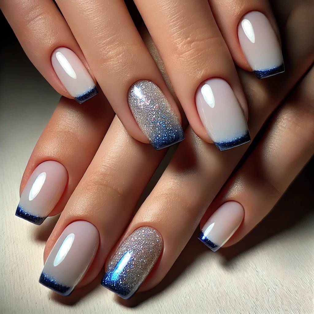 Blue French Tips with Micro-Glitter