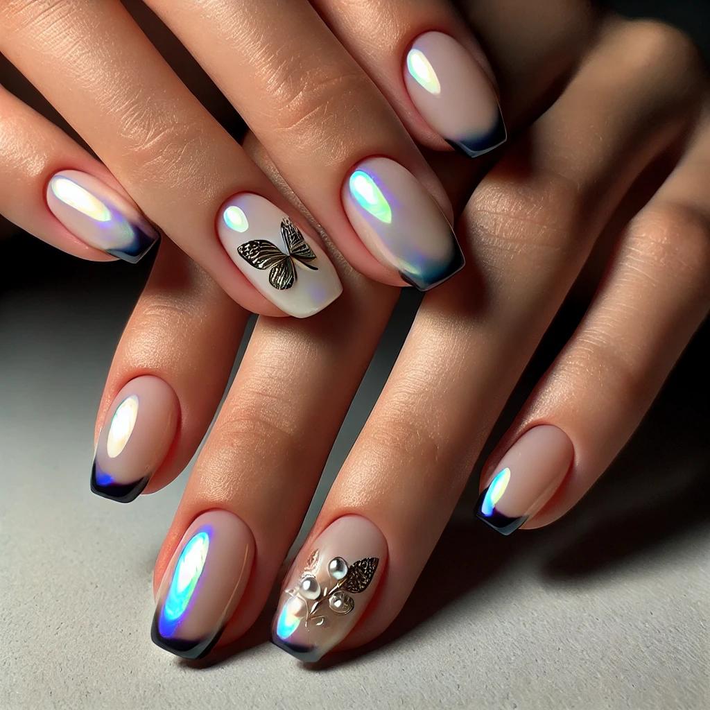 Butterfly French Tips on White Chrome