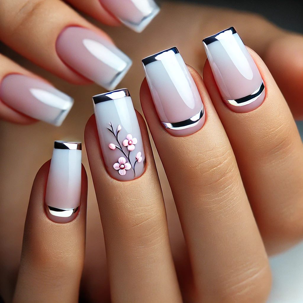 Chrome French Tips with Floral Accents