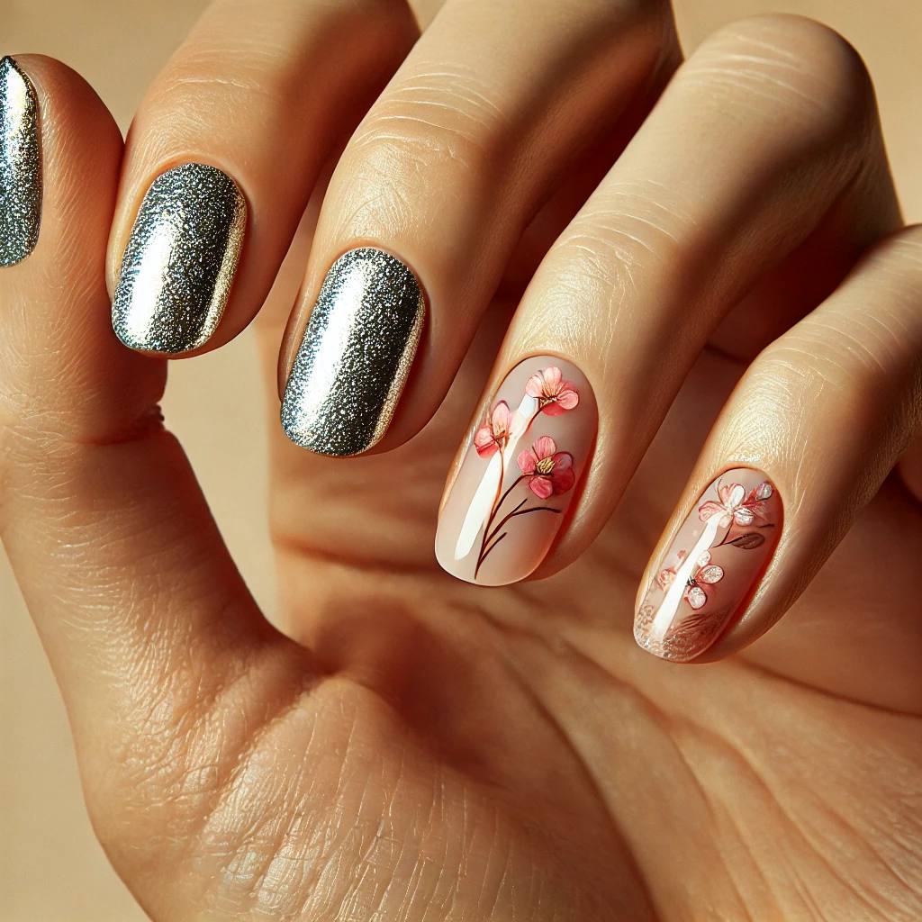 Chrome Glitter Nails with Floral Patterns