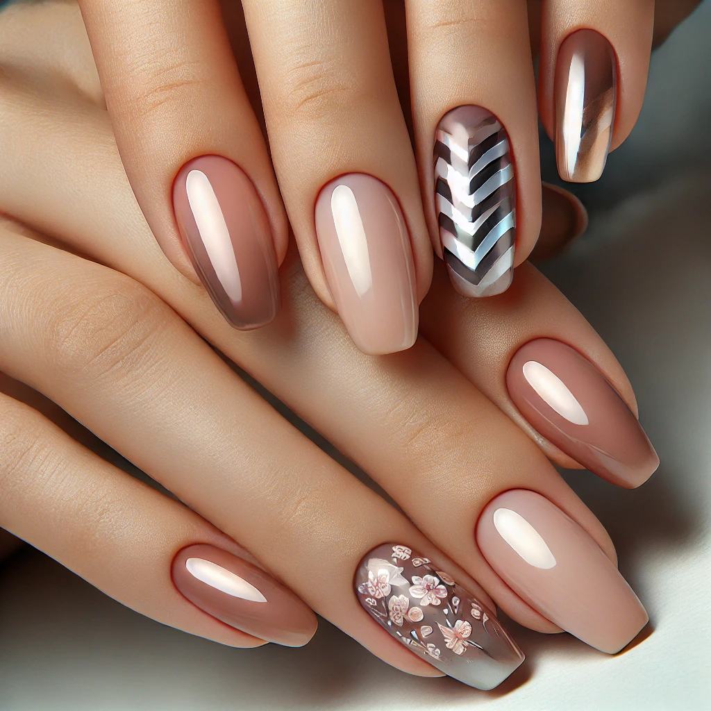 Chrome Ombre Nails with Chevrons and Floral Highlights