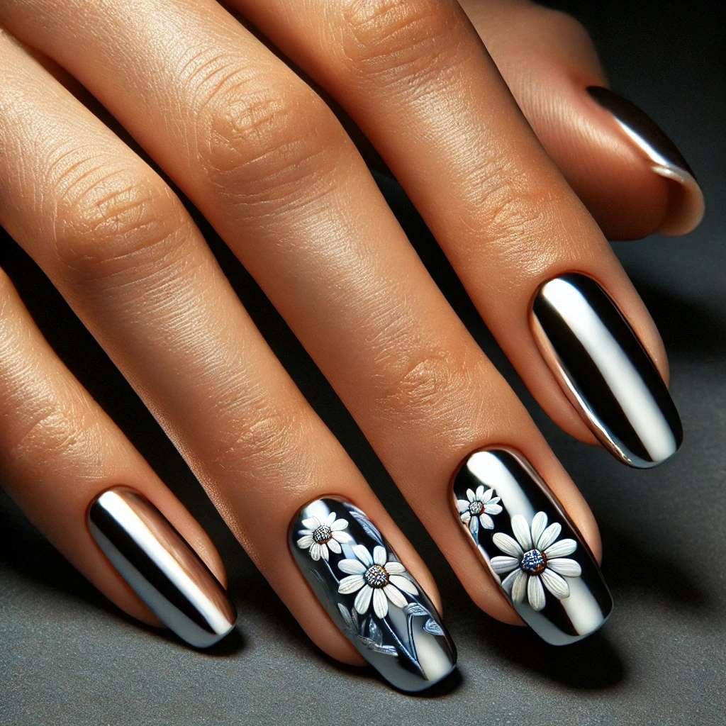 Daisy Chrome Nail Art