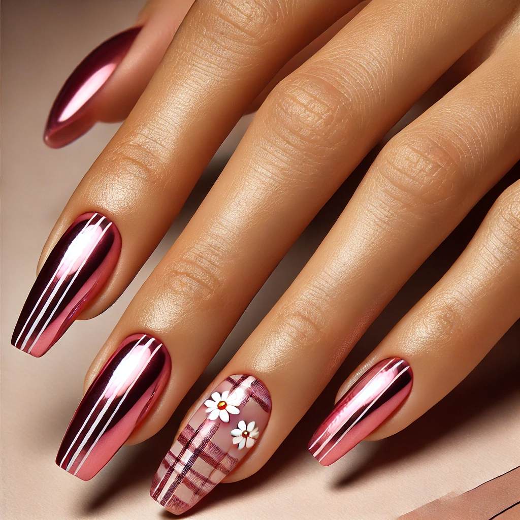 Deep Pink Chrome with White Daisy Plaid