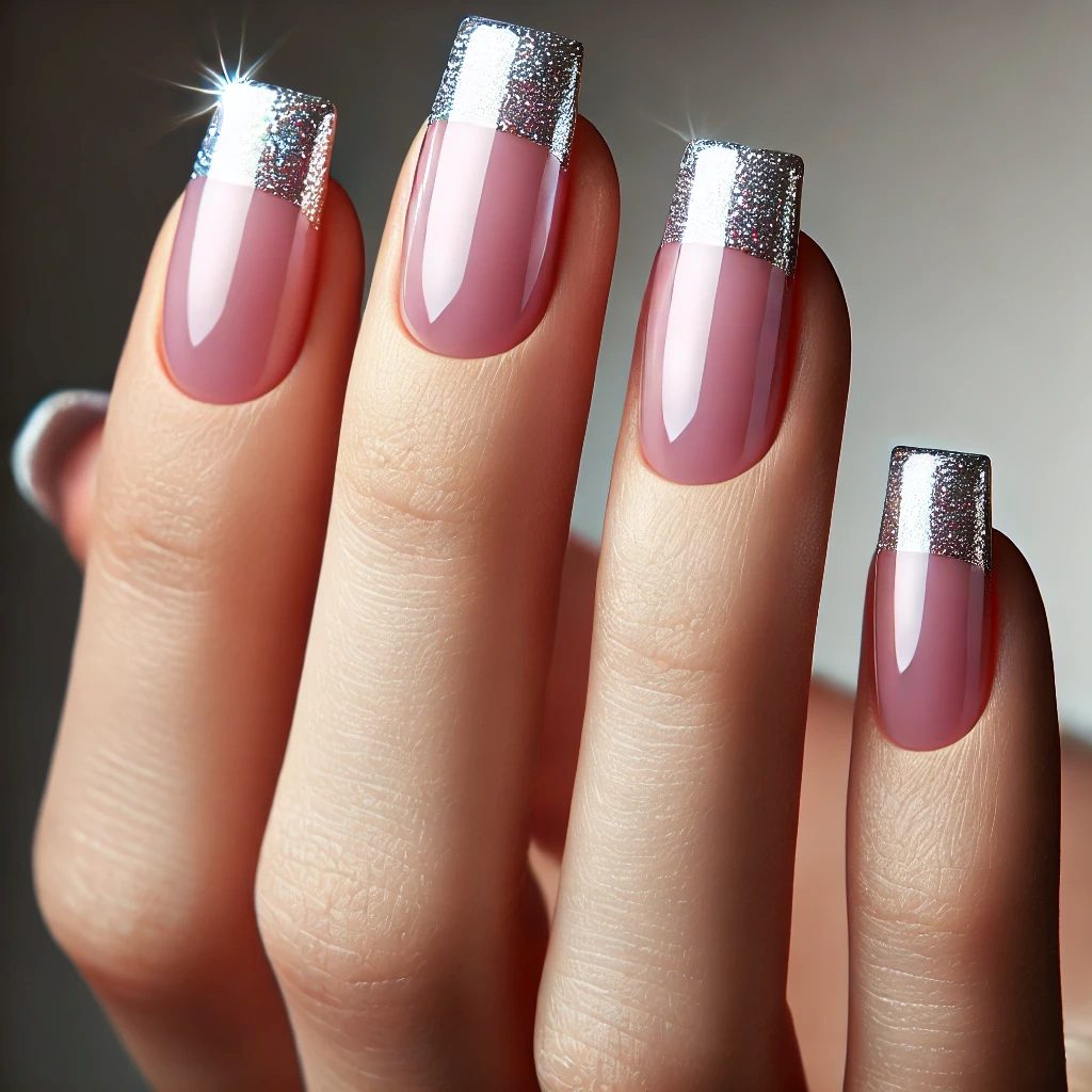 Glitter Gradient Pink Chrome with Silver Tips