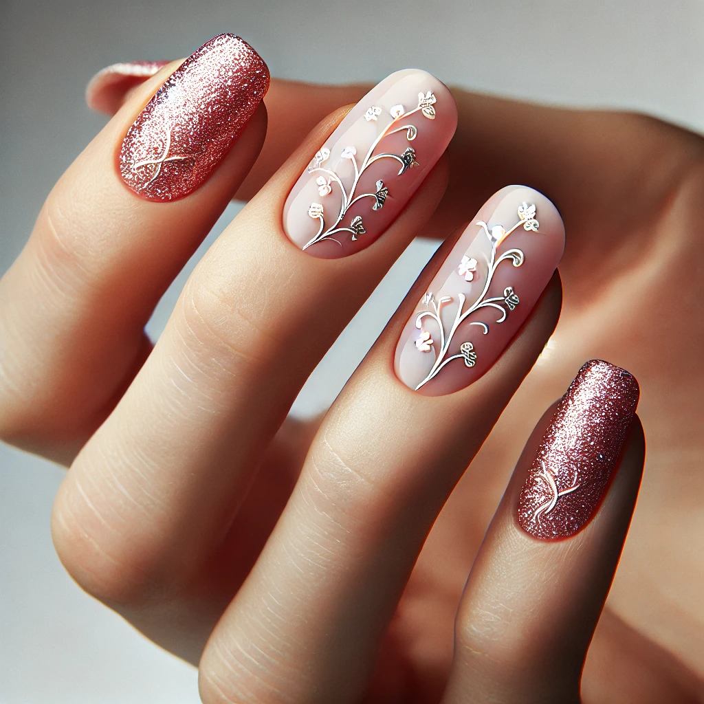 Glitter Pink Chrome with Floral Vines