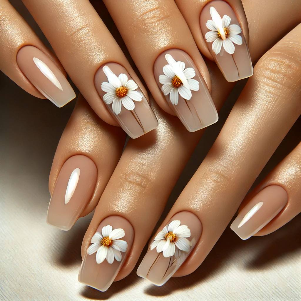 Glossy Translucent Nails with Floating Daisies