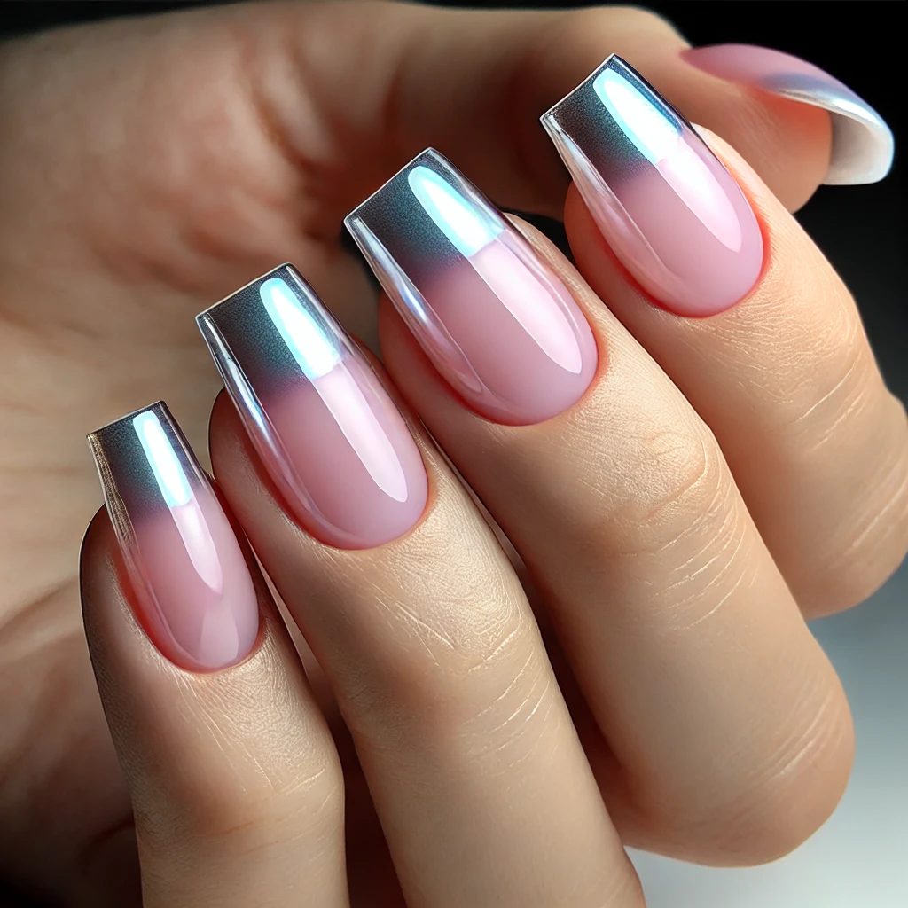 Glossy Translucent Pink Chrome with Silver Tips