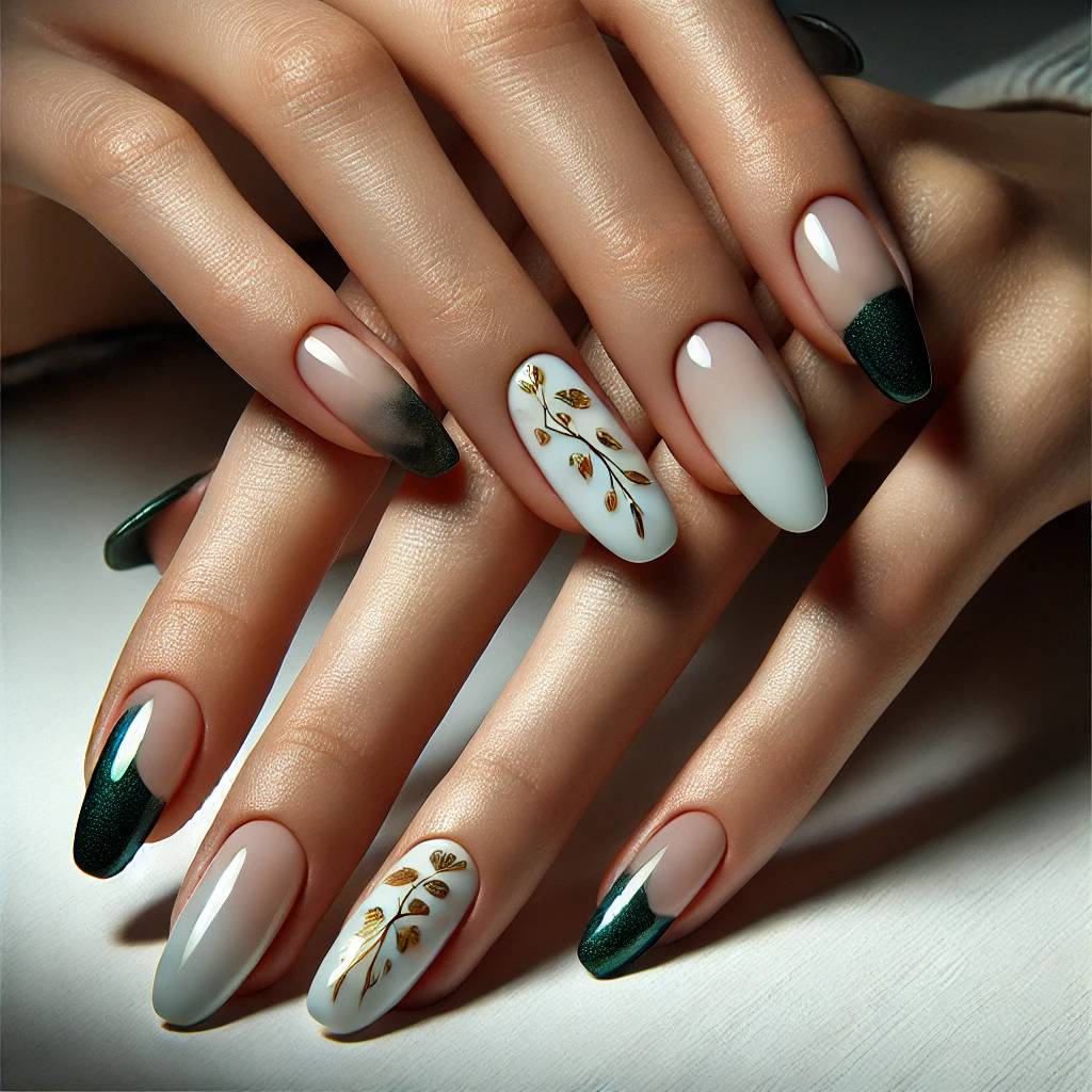 Green French Tips with Foil Leaves