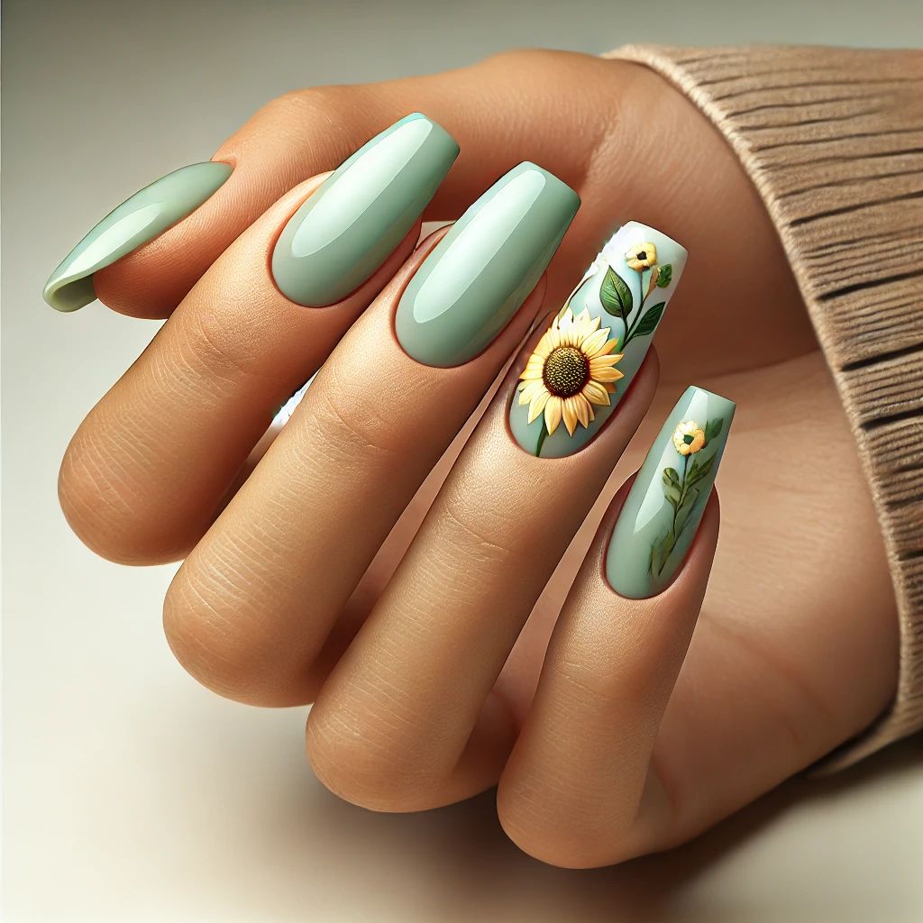 Green and Sunflower Nails