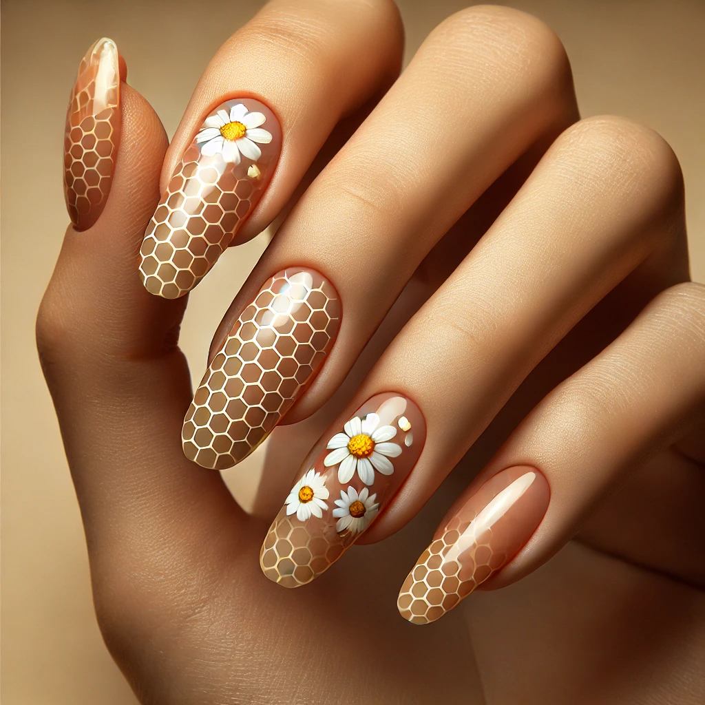 Honeycomb Nail Design with Daisy Touches