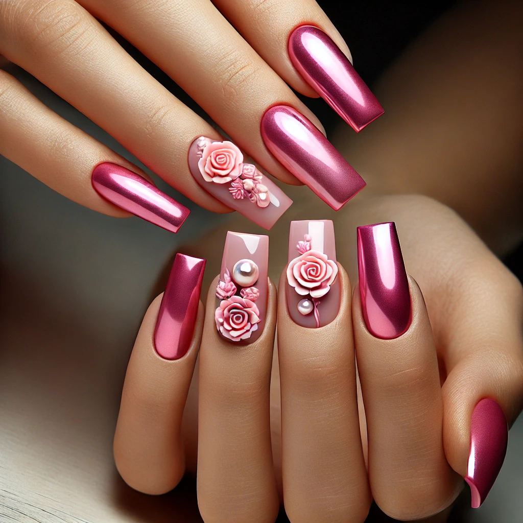 Hot Pink Chrome with 3D Floral Appliqués