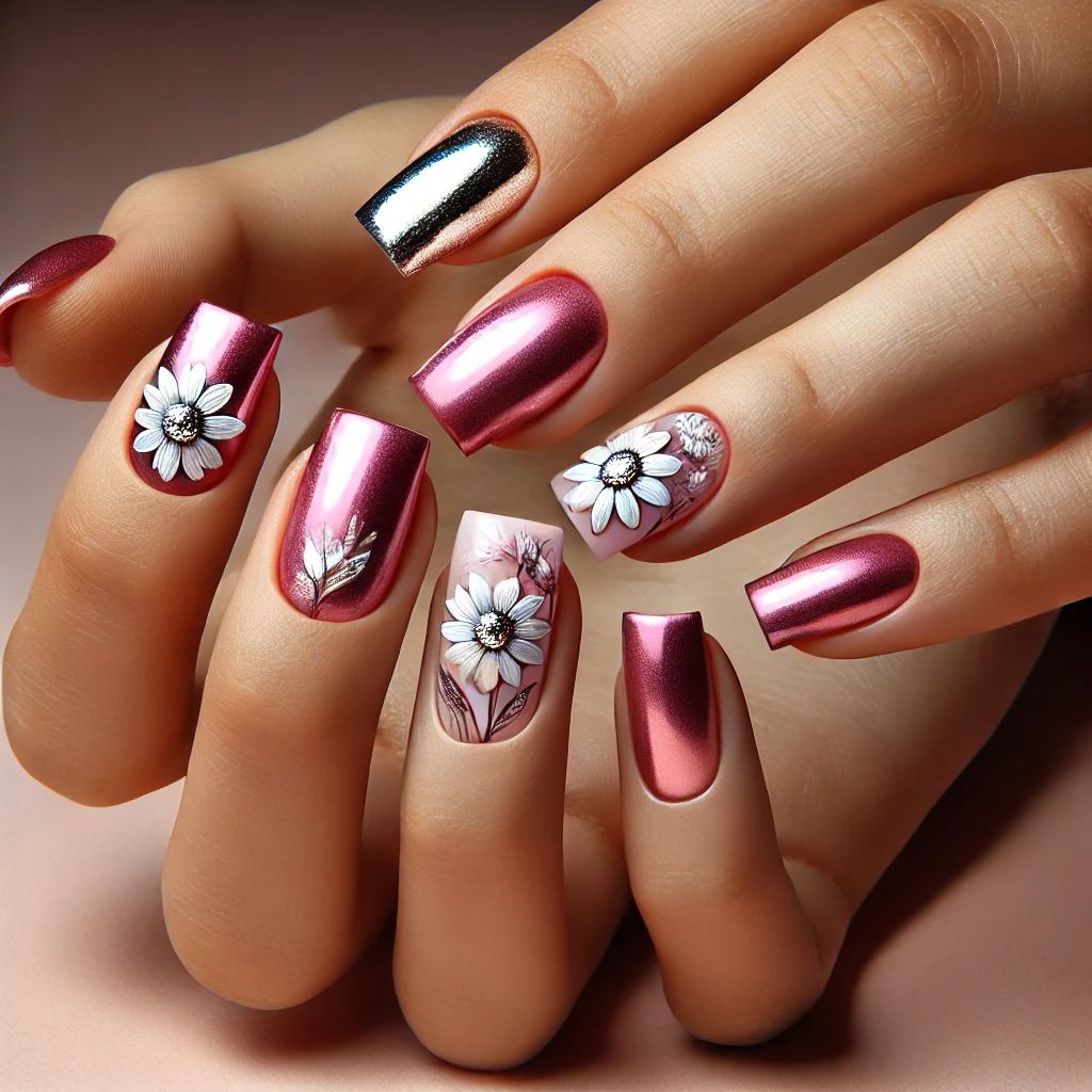 Hot Pink Chrome with Silver Foil & Floral Accents