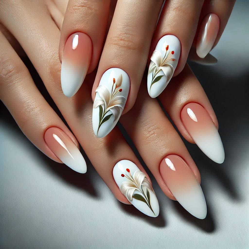 Lilies on White Chrome with Soft French Tips