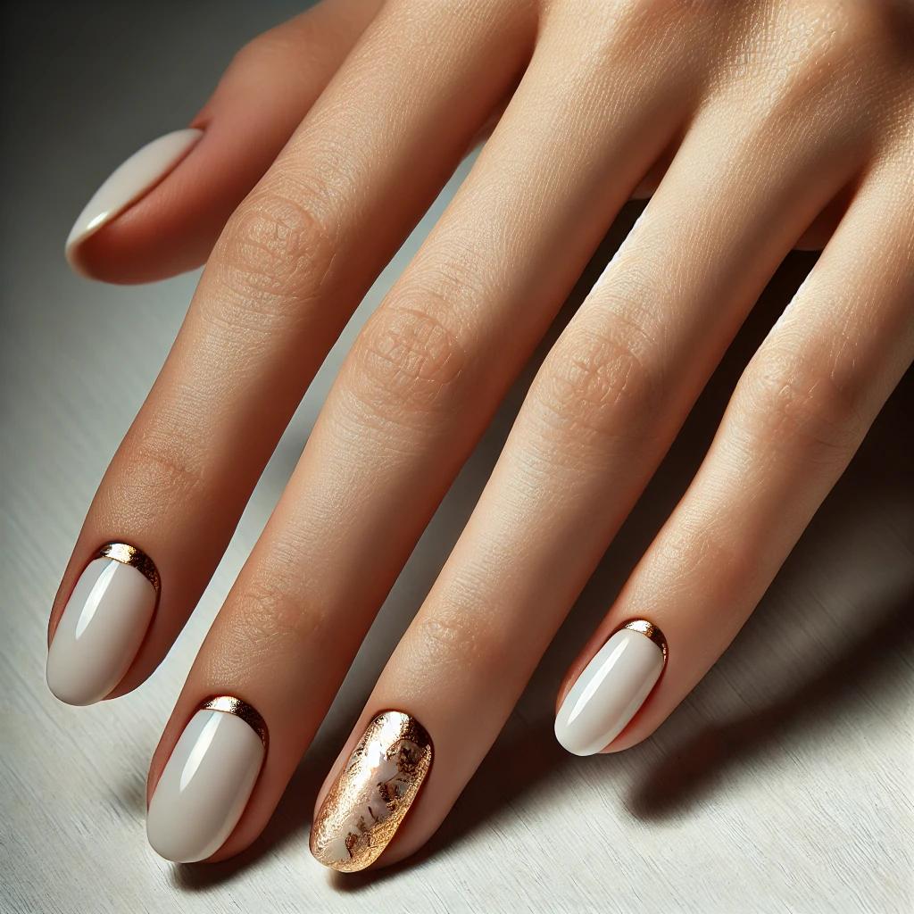 Milky White Nails with Gold Foil Edges