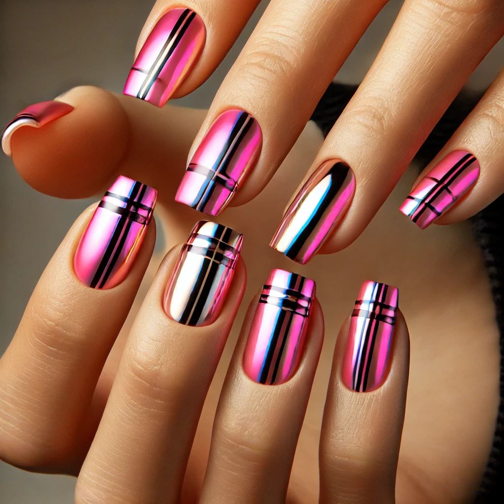 Neon Pink Chrome with Black Plaid & Silver Accents