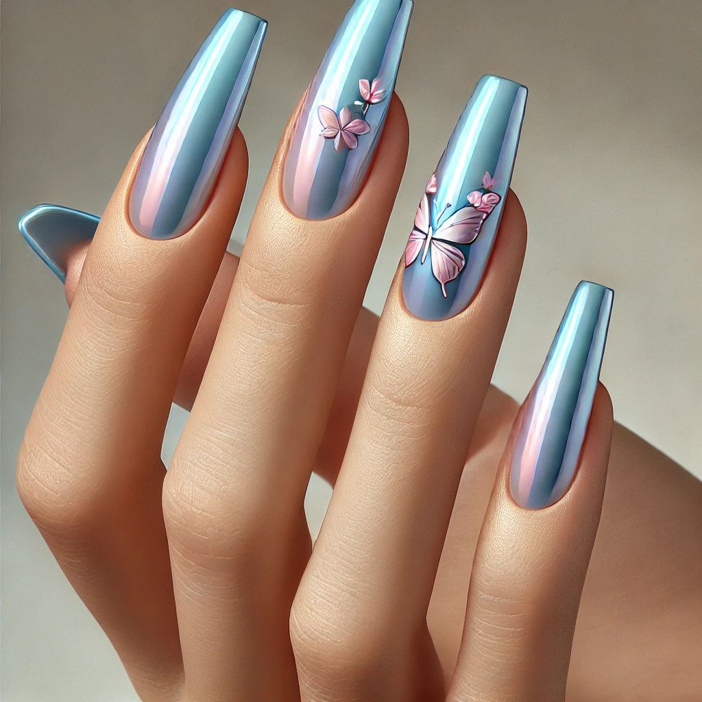 Pastel Blue Chrome with Butterfly Shape Florals