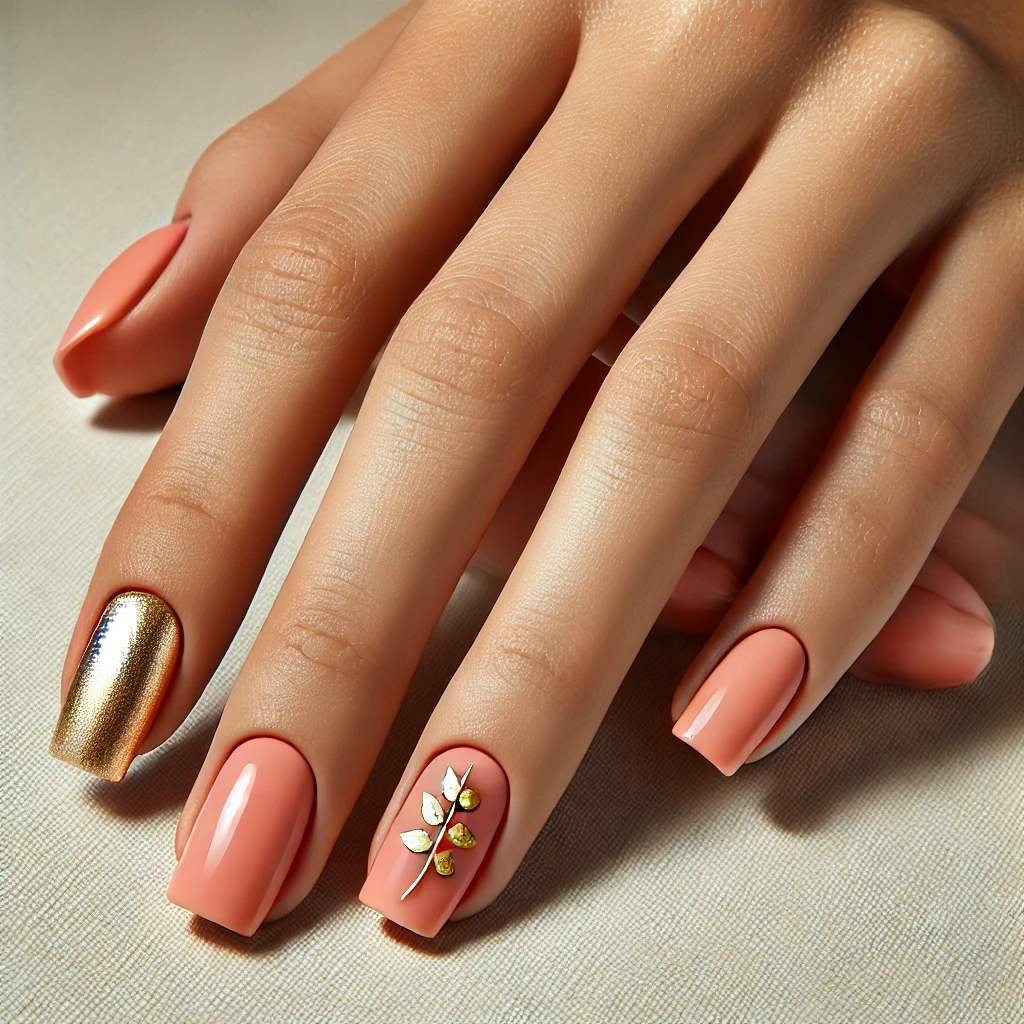 Pastel Coral Chrome with Gold Foil Leaves