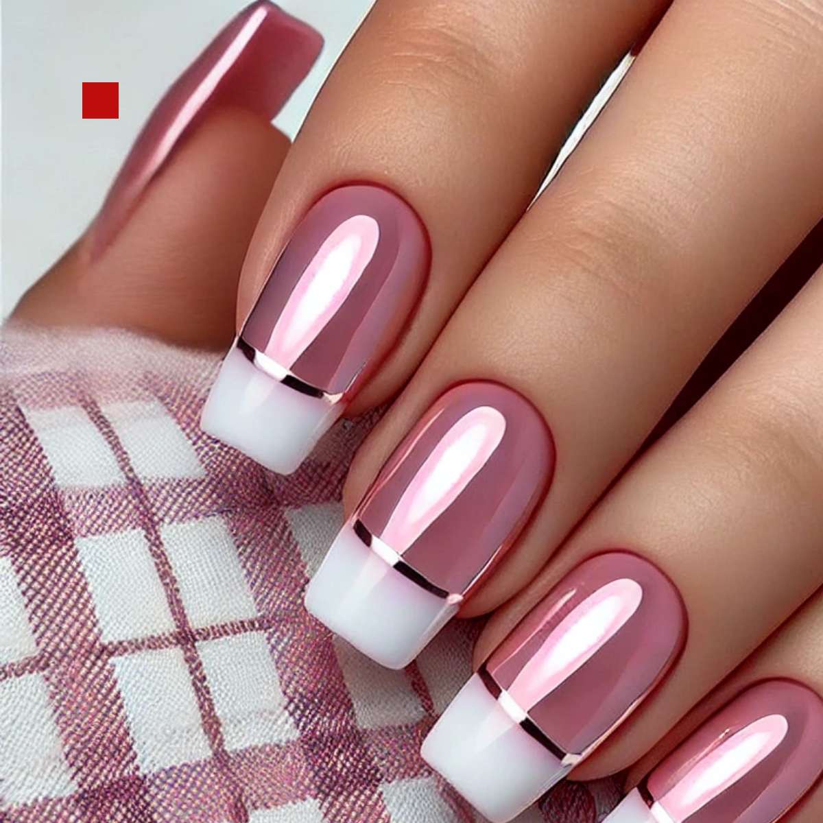 Pink Chrome French Tips with Plaid Base