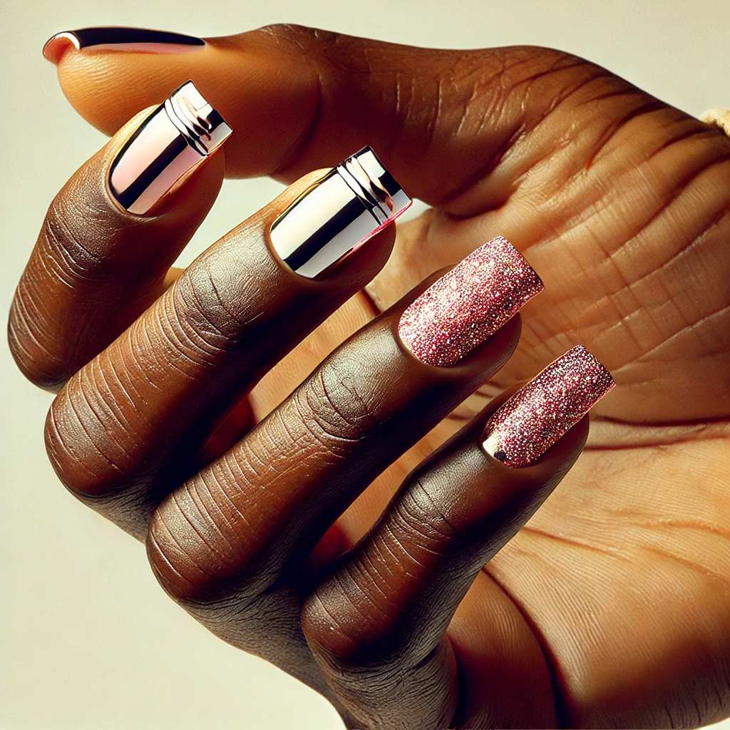 Pink Chrome Glitter Nails with Silver Tips