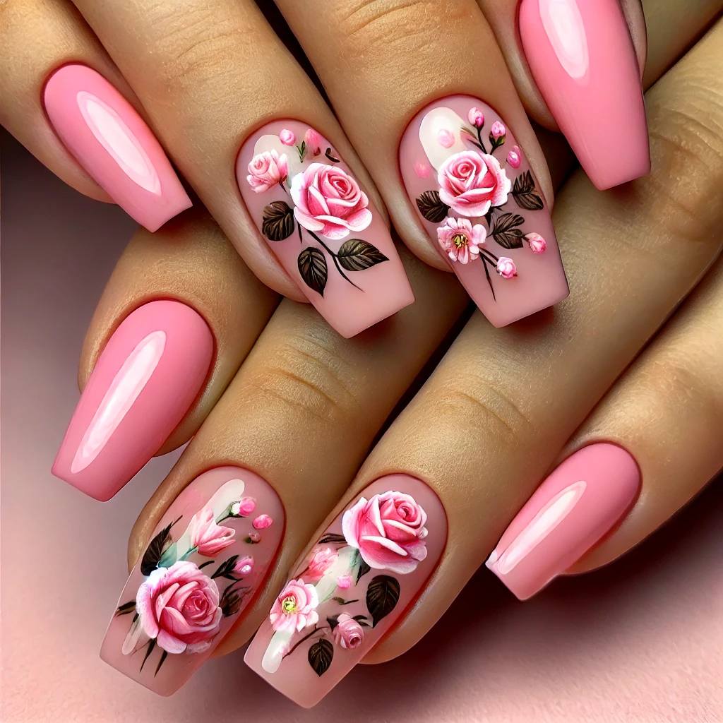 Pink Chrome Nails with Blooming Rose Accents