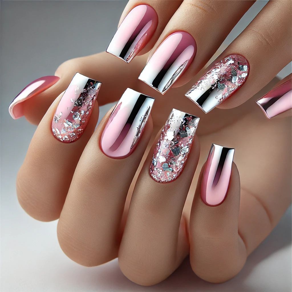 Pink Chrome Nails with Silver Foil Flakes