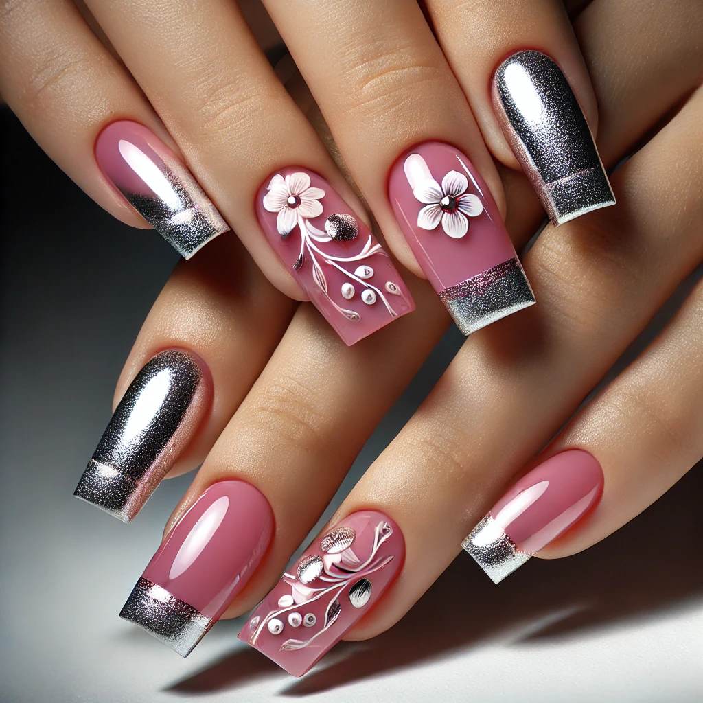 Pink Chrome Nails with Silver Foil Flowers