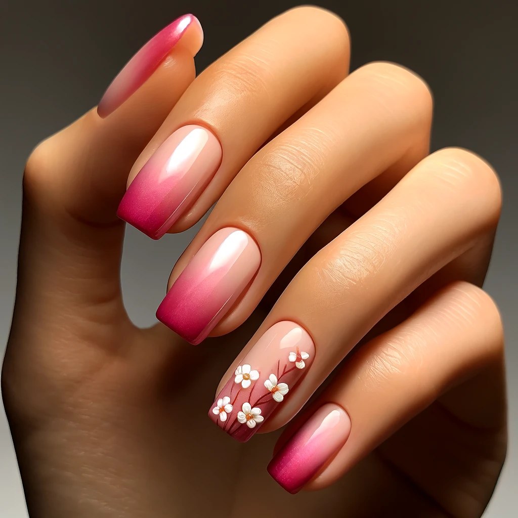 Pink Chrome Ombre with Tiny Blossoms