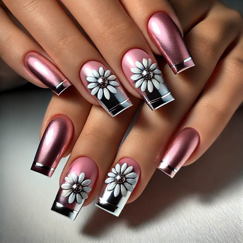 Pink Chrome with Silver Foil Daisies