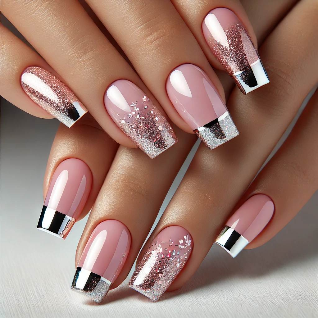 Pink Chrome with Sparkles and Silver Tips