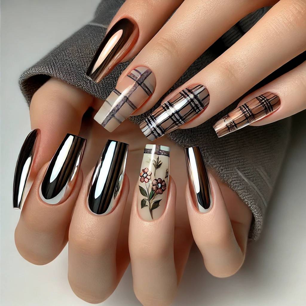 Plaid Chrome Nails with Subtle Floral Accents