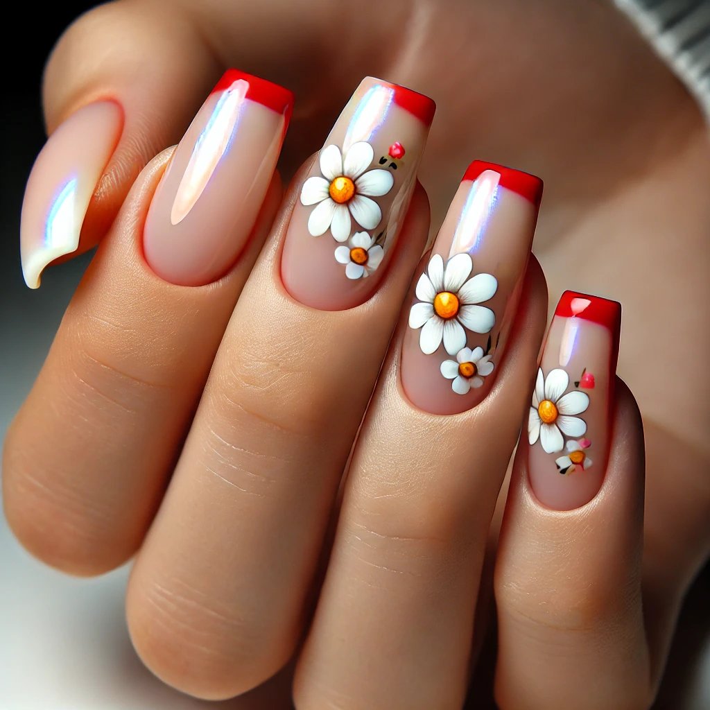 Red French Tips with Tiny Daisies