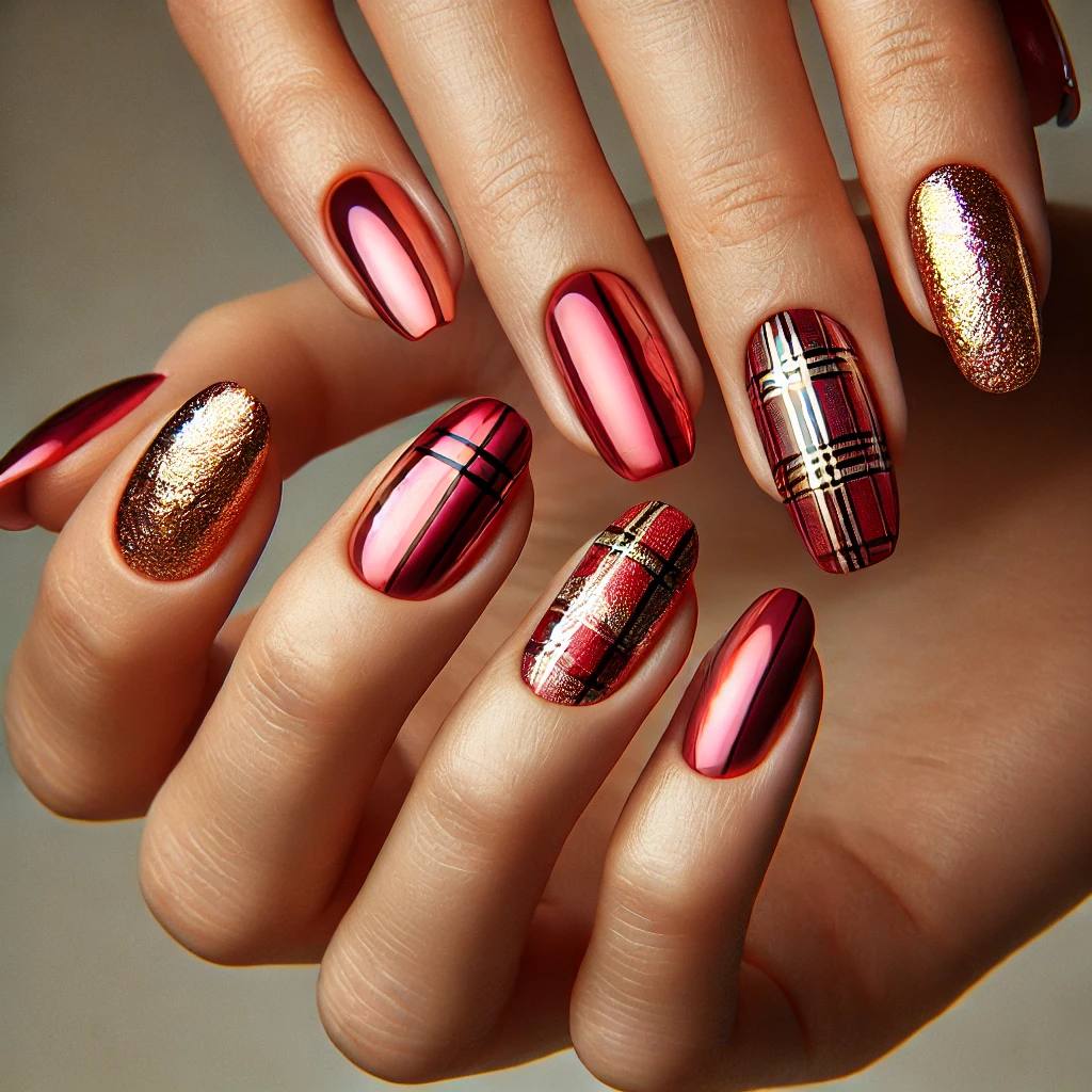 Reddish-Pink Chrome with Plaid & Gold Foil Flakes