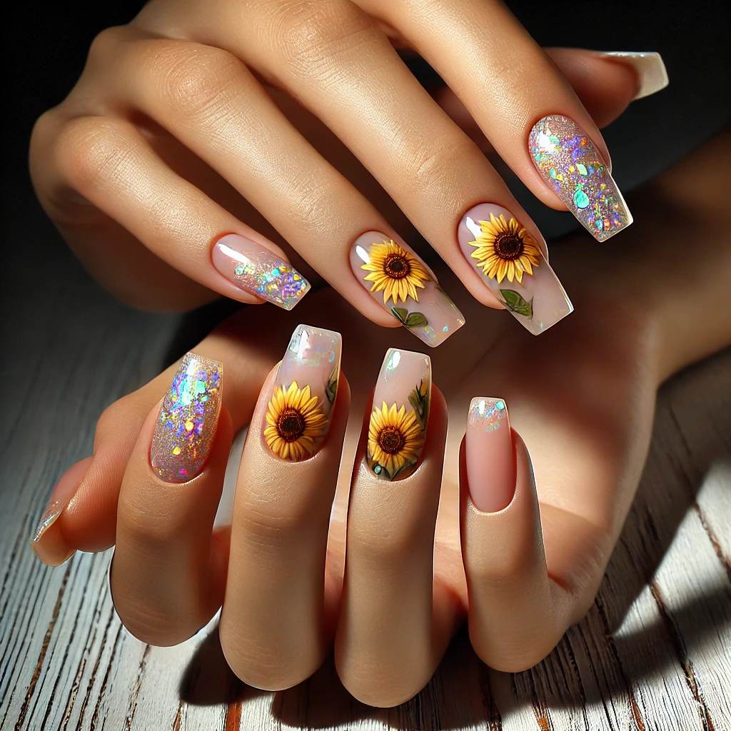 Shattered Glass Sunflower Nails